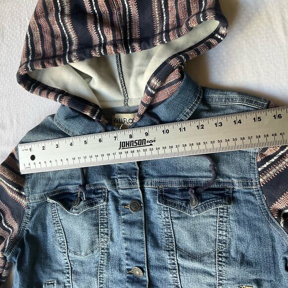 Wall Flower Kid’s Denim Jacket with Hoodie, size XL, Blue & Tan, Many Pockets - Picture 2 of 7